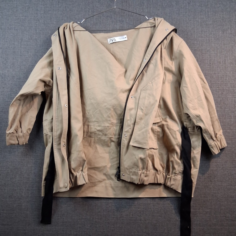 Zara Mens Tan Khaki Hooded Utility Jacket Zip Front Gorpcore Anorak Size M